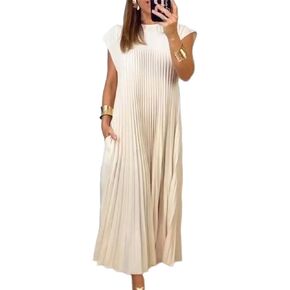 HOULENGS Women's 2024 Casual Short Sleeve Pleated Maxi Dress Loose Fit Crewneck Flowy Long Dress with Pockets