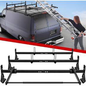 Van Ladder Roof Racks with Rear Roller, 3 Bars Adjustable Van Roof Rack with Ladder Stoppers, Fit Chevy Express Fullsize Van 1996-Up,Suitable for Vans with Rain Gutter only,800LB Load-Capacity