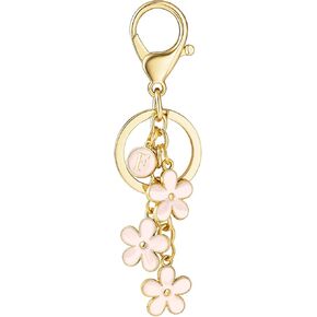 SELOVO Initial Keychain White/Pink Flower Charms for Key Cute Letter Keyring for Handbag Backpack