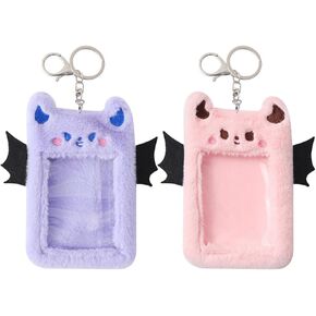 NUOBESTY 2Pcs Plush Photocard Holder with Keychain Cartoon Devil Card Sleeve Cute Photo Card Cover ID Bank Credit Card Bus Case Protector Stationery for Girls and Kids