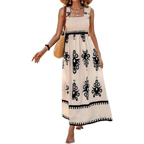 SHENHE Women's Smocked Sleeveless Flowy Tribal Print Summer Boho Vacation Maxi Dress