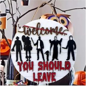 3D Halloween Horror Welcome Sign for Front Door,Wreath Decorations for All Seasons Scary Porch Decor Hanging Gift for Farmhouse Home Bar Outdoor Indoor，Window Wall Hanging Decor (Wood)