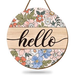Whaline Vintage Hello Front Door Sign Boho Flower Welcome Wall Door Sign Colorful Floral Wooden Hanging Sign for Spring Summer Holiday Indoor Outdoor Farmhouse Home Porch Window Decor