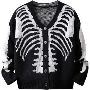 SHENHE Boy's Graphic Skeleton Print Button Down V Neck Long Sleeve Halloween Cardigan