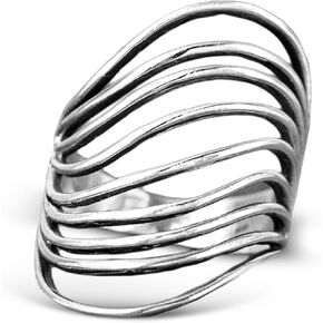 Boho-Magic Sterling Silver Statement Ring for Women Ocean Waves Full Finger Long Jewelry
