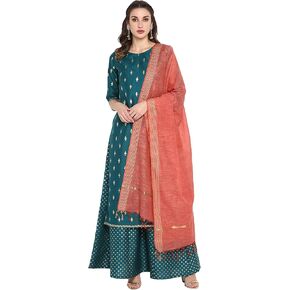 Janasya Indian Women's Green Printed Kurta With Palazzo And Dupatta