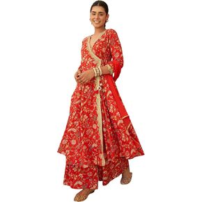 Janasya Indian Women's Red Cotton Floral Printed Kurta with Palazzo and Dupatta