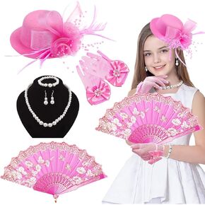 Girls Fascinators Hats with Lace Gloves Pearl Necklace Earring Jewelry and Hand Fan for Tea Party Wedding Accessories