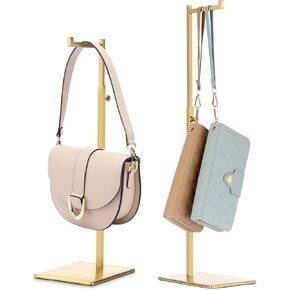 Hipiwe Purse Display Stand - 2 Pack Gold Handbag Display Rack Adjustable Height Stainless Steel Handbag Stand Holder Tabletop Purse Hanging Hook for Boutique Store Display Handbag Necklaces