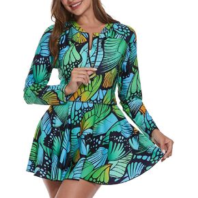 HODOSPORTS Women's Rash Guard UPF 50+ Swimsuits Zipper Swim Dress Bathing Suit UV Swim Shirts Long Sleeve No Bra and Short