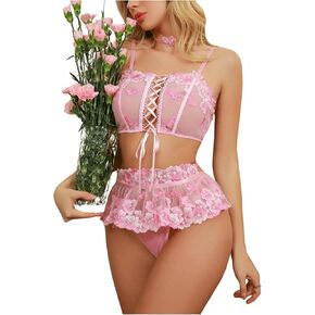 WDIRARA Women's 4 Piece Floral Embroidered Criss Cross Mesh Sheer Lingerie Set with Mini Skirts