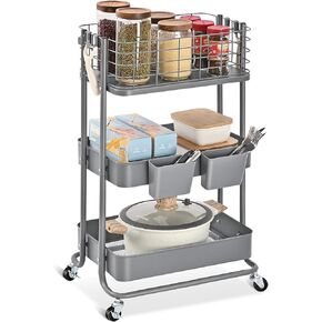 KINGRACK 3 Tier Utility Cart, Metal Rolling Cart Organizer, Storage Cart on Wheels, Book Cart, Diaper Cart for Bathroom, Kitchen, Office, Bedroom, Purple