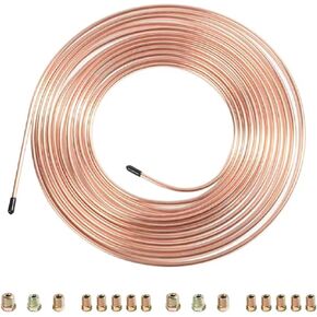 25 ft 3/16" Brake Line Tubing Kit, Flexible Copper Coated Alloy Brake Line Tubing Coil with 16 Fittings, Rustproof Brake Line Tubing Kit SAE Standard for Hydraulic Fuel Transmission System