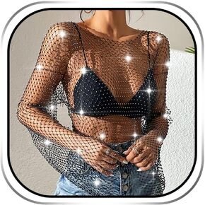 JEAIRTS Rhinestone Mesh Bikini Crop Tops Stretchy Long Sleeve Crystal Nightclub Cover up Sparkly Rave Costume Body Jewelry Accessories for Women