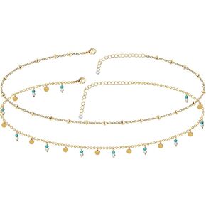 2PCS 14K Gold Plated Boho Bohemian Blue Pink Handcrafted Waist Chains for Women Layered Belly Chain for Waist Adjustable Multilayer Sexy Bikini Waist Chain for Women