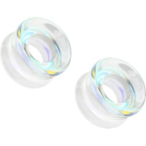 Pierced Owl Aurora Borealis Glass Double Flared Tunnels, Sold as a Pair
