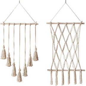 2Pcs Hanging Photo Display Boho Macrame Wall Decor,Boho Macrame Wall Hanging Decor with 20 Wood Clips,Macro Photo Frame for Living Room, Dining Room, Home Decor