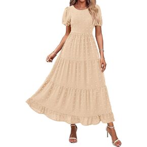 BTFBM Women Summer Boho Maxi Dress Casual Short Sleeve Swiss Dot A Line Ruffle Tiered Flowy Long Dresses with Pocket