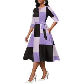 CLOCOR Midi Dresses for Women Casual A-Line Fit and Flare Dress Crewneck 3/4 Sleeve Keyhole Cocktail Party Church Dress