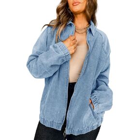 PLNOTME Womens Casual Long Sleeve Jean Jacket Trendy Front Zipper Elastic Hem Denim Jacket Coat