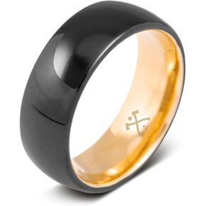 Manly Bands | The Record Producer | Black Mens Wedding Band with 14K Gold Plated Sleeve | Ring Sizes 5-17 | 8mm Width | Mens Tungsten Wedding Band | Black Ring for Men | Mens Comfort Fit Wedding Band
