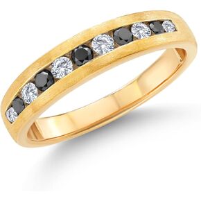 Gem Stone King Men's 10K Yellow Gold White Lab Grown Diamond and Black Diamond Satin Finish Wedding Band Ring | 0.61 Cttw | Available in Size 7,8,9,10,11,12,13