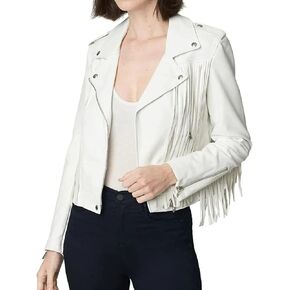 Women’s White Genuine Leather Lambskin Tassel Native American Western Casual Classic Slim Fit Style Fringe Jacket