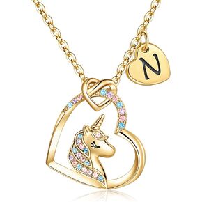Hidepoo Unicorn Necklace Gifts for Girls - 14K Gold/Rose Gold/White Gold Plated Colorful CZ Heart Unicorn Necklace Little Girls Jewelry Initial Unicorn Necklace Birthday Gifts Unicorn Gifts for Girls