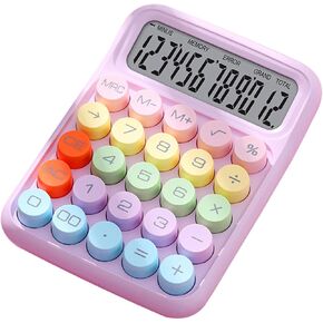 Mechanical Calculator, Pink Calculator 12 Digit Large LCD Display Big Round Button Calculator, Typewriter-Inspired Mechanical Key Calculator for Office,School,Business (Pink Purple)