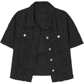 Locachy Women's Summer Short Sleeve Denim Jacket Casual Lapel Button Down Cropped Trucker Jean Jackets Coats