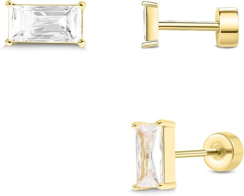 Push-in Flat Back Earrings, Hypoallergenic 14K Gold Plated Princess Cut Cubic Zirconia Stud Earrings Square CZ Studs | Cartilage Earring | Tragus Helix Piercing Jewelry | Threadless Push in Flatback Nap Earrings for Women Men in Saudi Arabia