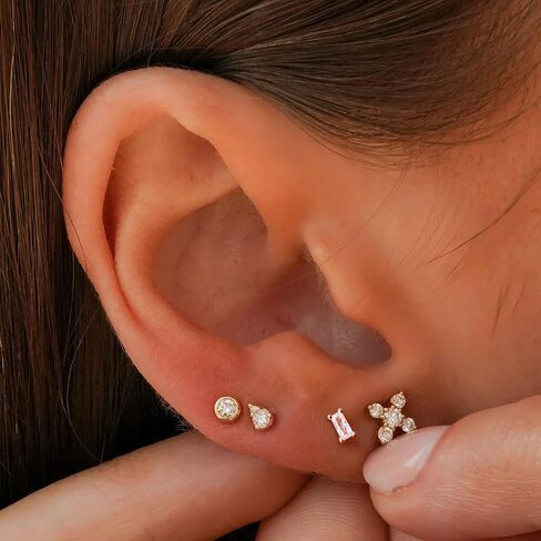 Push-in Flat Back Earrings, Hypoallergenic 14K Gold Plated Princess Cut Cubic Zirconia Stud Earrings Square CZ Studs | Cartilage Earring | Tragus Helix Piercing Jewelry | Threadless Push in Flatback Nap Earrings for Women Men in Saudi Arabia
