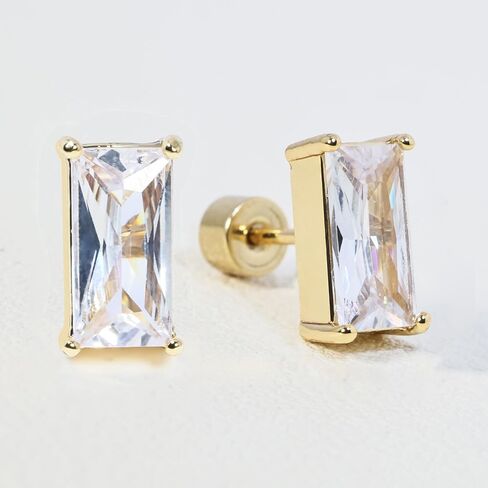 Push-in Flat Back Earrings, Hypoallergenic 14K Gold Plated Princess Cut Cubic Zirconia Stud Earrings Square CZ Studs | Cartilage Earring | Tragus Helix Piercing Jewelry | Threadless Push in Flatback Nap Earrings for Women Men in Saudi Arabia