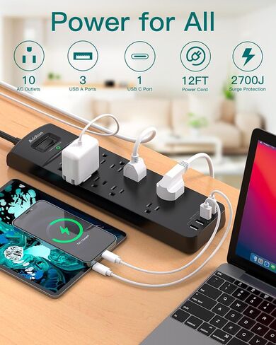 Power Strip - Addtam Surge Protector with 10 Outlets and 4 USB Ports, 6 Feet Extension Cord with Flat Plug, 2700 Joules, ETL Listed, Black in Kuwait