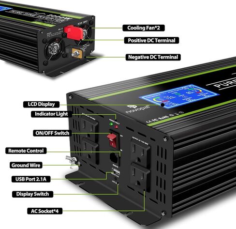 NOVOPAL 2000 Watt Pure Sine Wave Power Inverter DC 12V to AC 110V 120V Rv Inverters with 1 USB Port-16 feet Remote Control, LCD Display for Truck, Hurricane, Home in Saudi Arabia