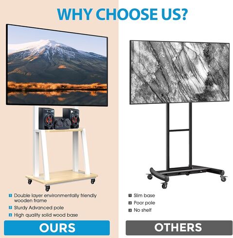 Mobile TV Cart for 32-75 inch LED LCD Flat Curved Panel Screen TVs, with Laptop Shelf Portable Outdoor Floor Stand up to 110 Lbs 2 Tier White Wood Shelves for Home and Office，VESA 600x400mm in Kuwait