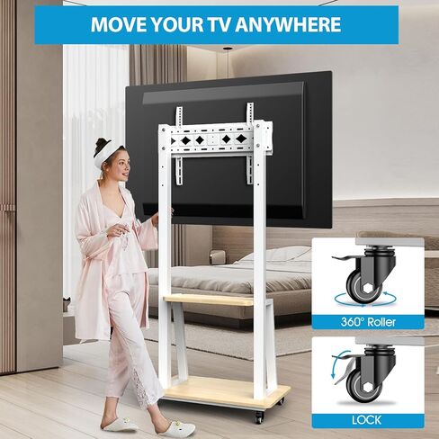 Mobile TV Cart for 32-75 inch LED LCD Flat Curved Panel Screen TVs, with Laptop Shelf Portable Outdoor Floor Stand up to 110 Lbs 2 Tier White Wood Shelves for Home and Office，VESA 600x400mm in Kuwait