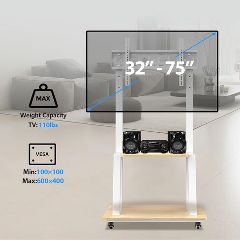Mobile TV Cart for 32-75 inch LED LCD Flat Curved Panel Screen TVs, with Laptop Shelf Portable Outdoor Floor Stand up to 110 Lbs 2 Tier White Wood Shelves for Home and Office，VESA 600x400mm in Kuwait
