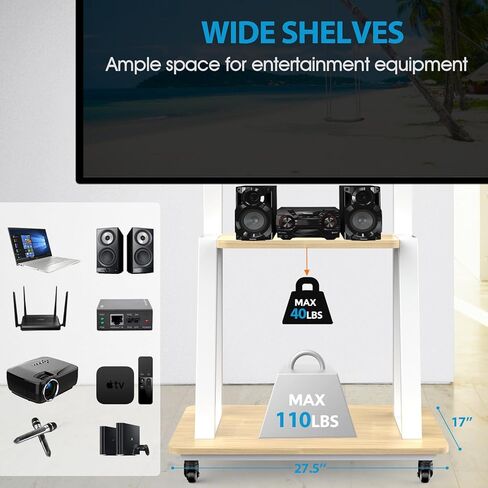Mobile TV Cart for 32-75 inch LED LCD Flat Curved Panel Screen TVs, with Laptop Shelf Portable Outdoor Floor Stand up to 110 Lbs 2 Tier White Wood Shelves for Home and Office，VESA 600x400mm in Kuwait