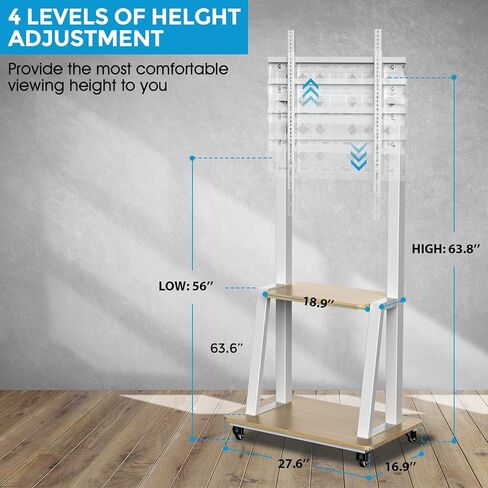 Mobile TV Cart for 32-75 inch LED LCD Flat Curved Panel Screen TVs, with Laptop Shelf Portable Outdoor Floor Stand up to 110 Lbs 2 Tier White Wood Shelves for Home and Office，VESA 600x400mm in Kuwait
