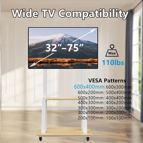Mobile TV Cart for 32-75 inch LED LCD Flat Curved Panel Screen TVs, with Laptop Shelf Portable Outdoor Floor Stand up to 110 Lbs 2 Tier White Wood Shelves for Home and Office，VESA 600x400mm in Kuwait