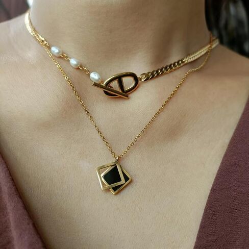 Necklaces for Women Double D Letters Freshwater Pearl Splicing OT Toggle Clasps 15" Flat Chain in Saudi Arabia