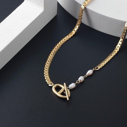 Necklaces for Women Double D Letters Freshwater Pearl Splicing OT Toggle Clasps 15" Flat Chain in Saudi Arabia