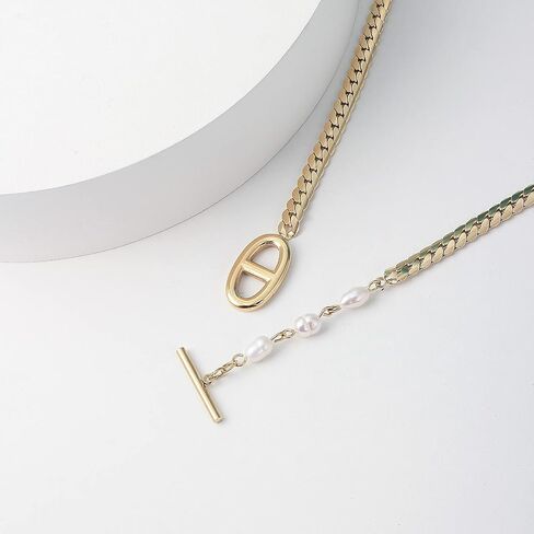 Necklaces for Women Double D Letters Freshwater Pearl Splicing OT Toggle Clasps 15" Flat Chain in Saudi Arabia