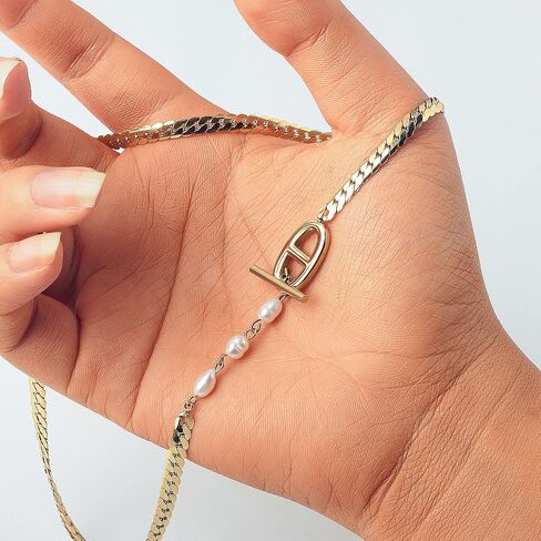 Necklaces for Women Double D Letters Freshwater Pearl Splicing OT Toggle Clasps 15" Flat Chain in Saudi Arabia