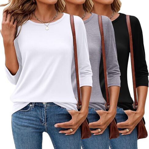 3 Pack 3/4 Sleeve Tops for Women Round Neck Fall Basics Casual T Shirts Trendy Loose Fit Tees in Saudi Arabia