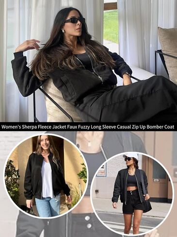Zeagoo Women's Sherpa Fleece Jacket Long Sleeve Faux Fuzzy Casual Zip Up Bomber Coat With Pocket in Saudi Arabia