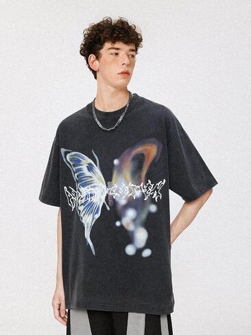 Aelfric Eden Mens Graphic Tees Y2k Butterfly Print Oversized T Shirts Washed Vintage Streetwear Shirt Casual Tops in Saudi Arabia