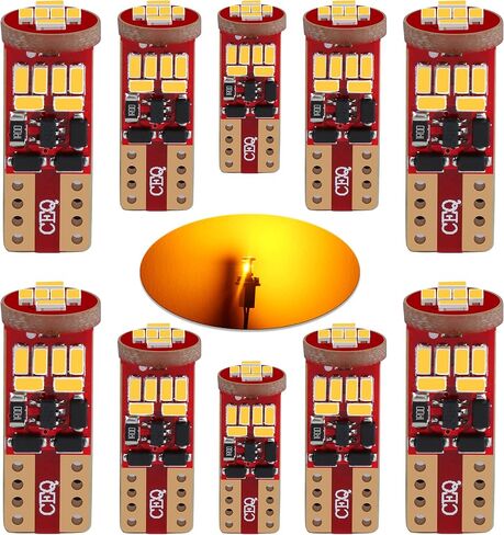 10x T10 168 194 لمبات LED، علامة جانبية صفراء كهرمانية، ترخيص، مصابيح داخلية 194NA 168NA 2825 W5W 175 194A 168A 12V مصابيح فائقة السطوع in Kuwait