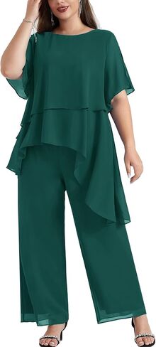 Hanna Nikole 2 Piece Mother of The Bride Pant Suits Plus Size Chiffon Sets Ruffle Asymmetric Layers Wedding Guest Outfit in Kuwait